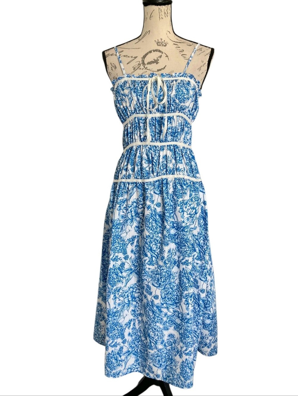 Simply Southern Blue Toile White Floral Band Midi Dress XL Cottage Coastal Trip